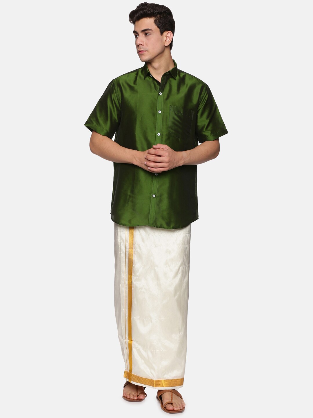 

Sethukrishna Men Olive Green & White Shirt with Dhoti Pants