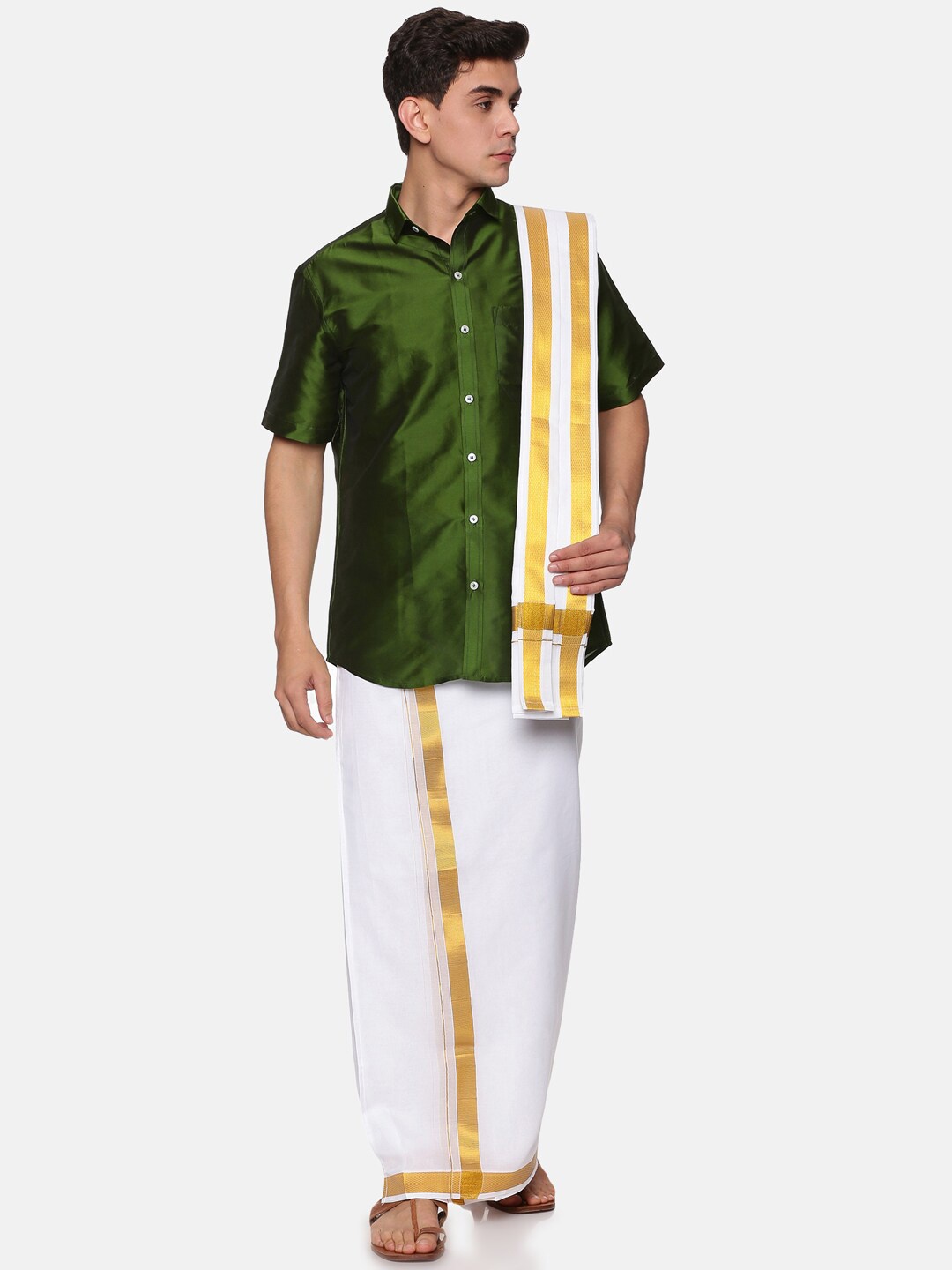 

Sethukrishna Men Olive Green & White Shirt with Dhoti