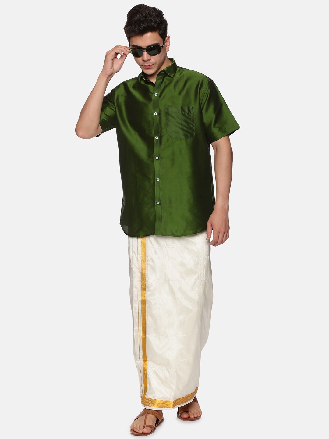 

Sethukrishna Men Olive Green And White Shirt With Zari Border Veshti Dhoti Pant