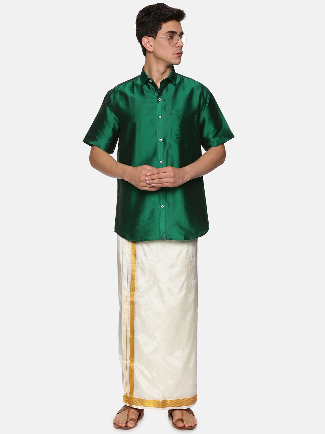 

Sethukrishna Men Green & White Shirt with Dhoti Pants