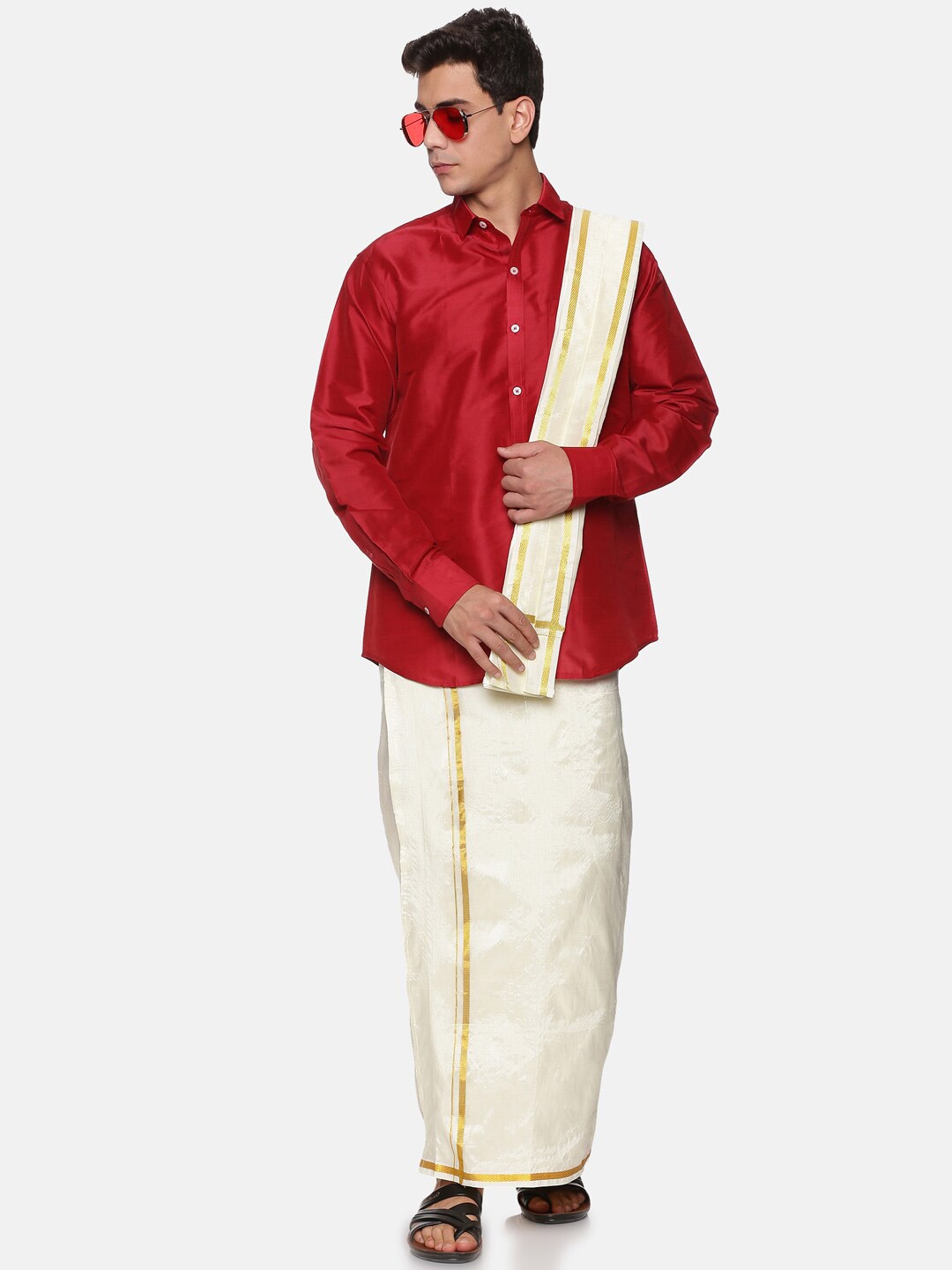 

Sethukrishna Men Maroon & White Solid Shirt with Dhoti