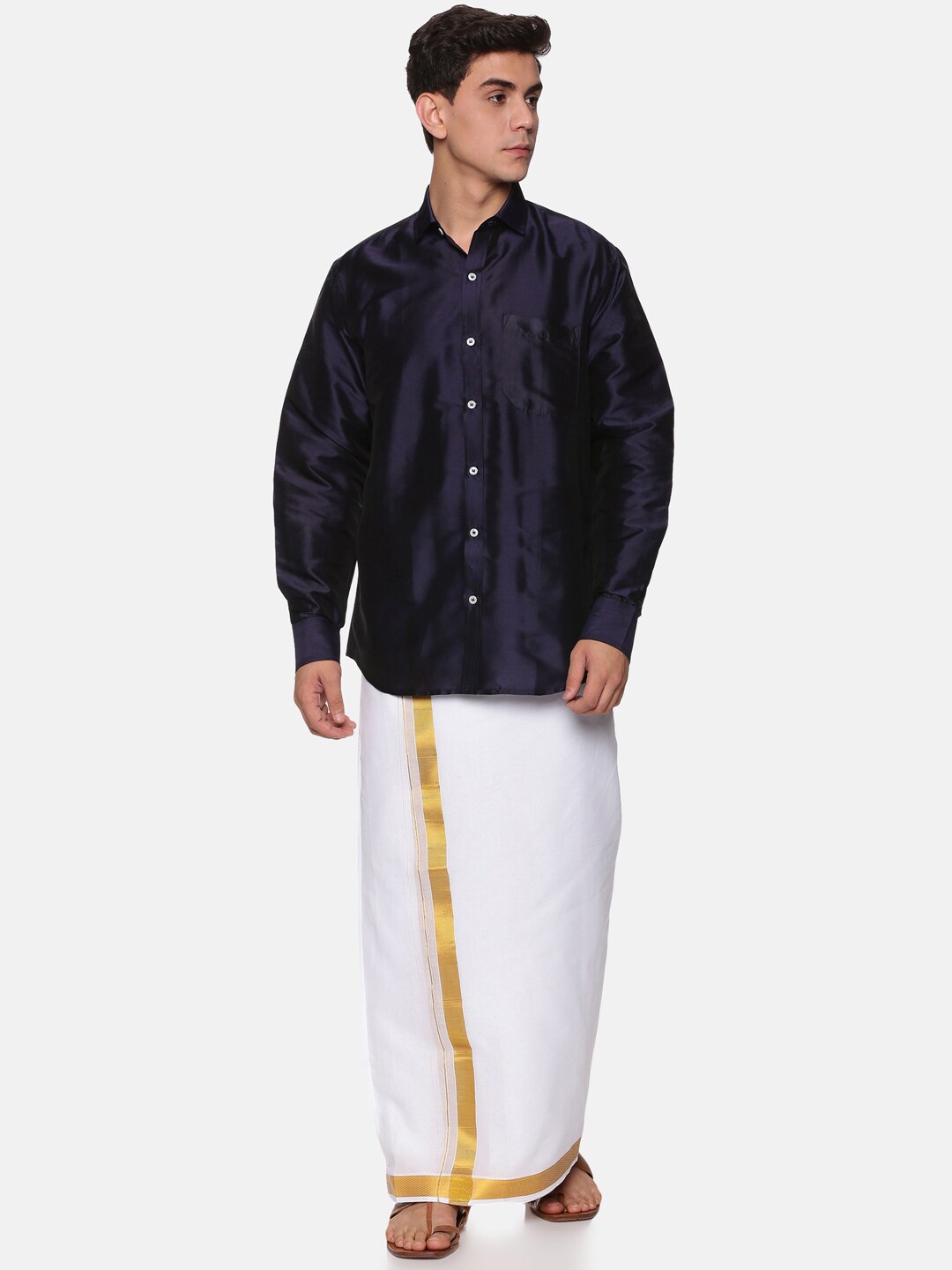

Sethukrishna Men Navy Blue & White Solid Polyester Shirt with Dhoti