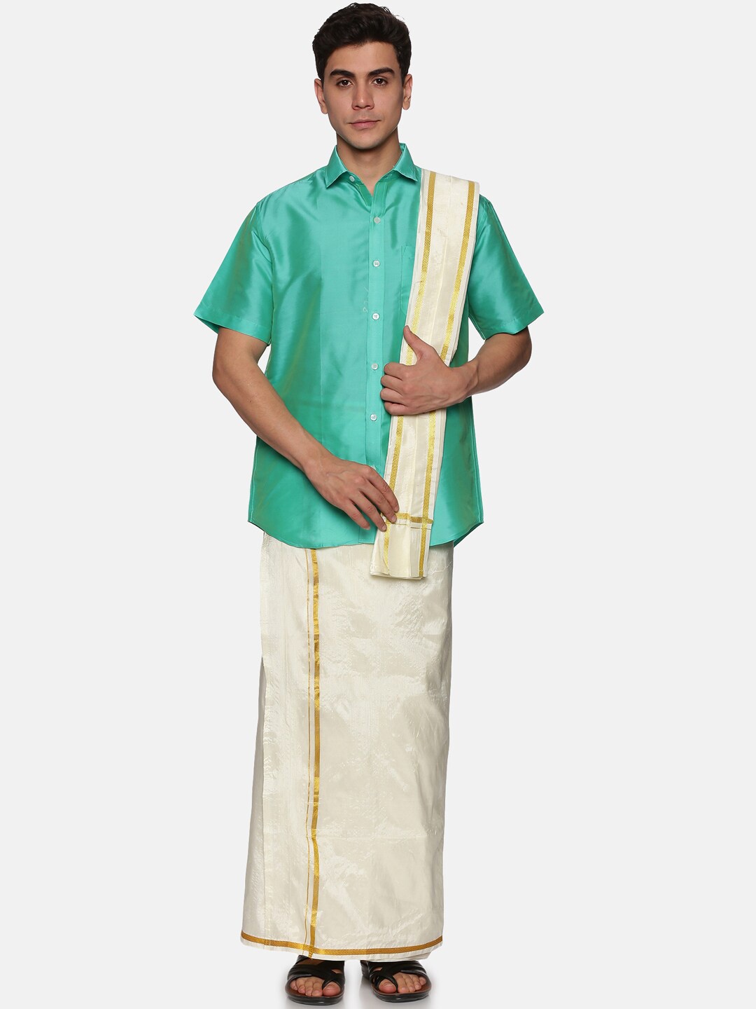 

Sethukrishna Men Fluorescent Green & White Shirt with Dhoti with Angavastram Set