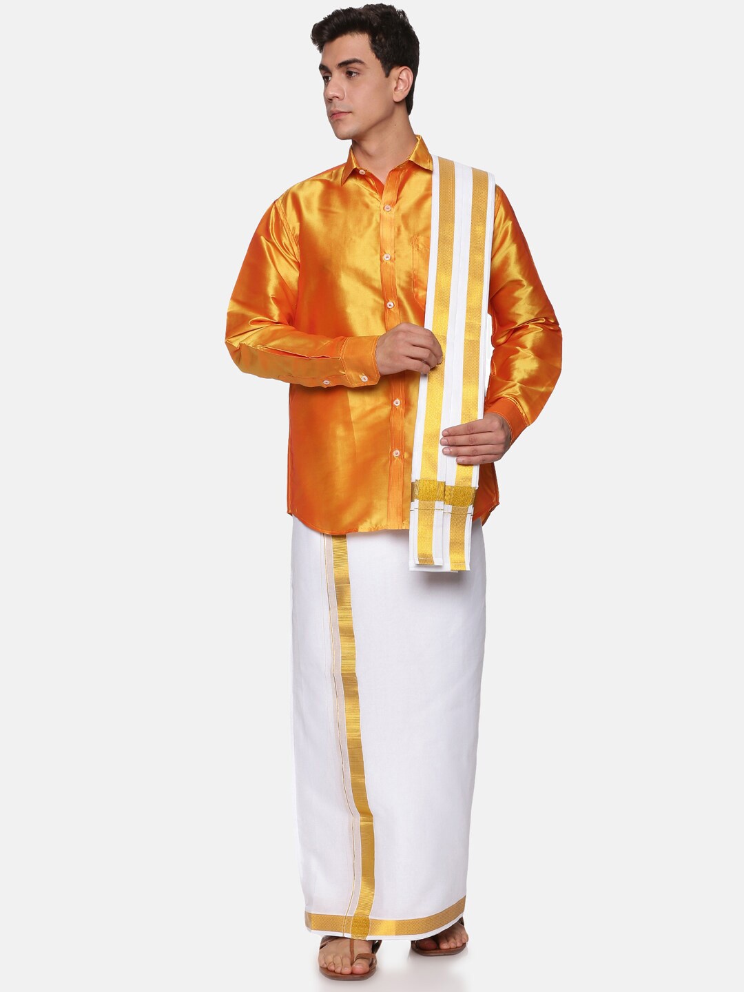

Sethukrishna Men Yellow & White Pure Cotton Shirt with Dhoti Pants