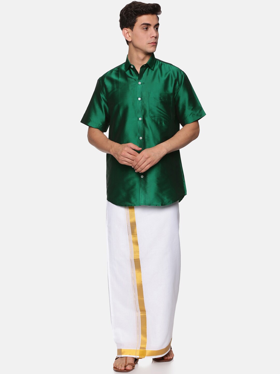 

Sethukrishna Men Green & White Shirt with Dhoti Pants