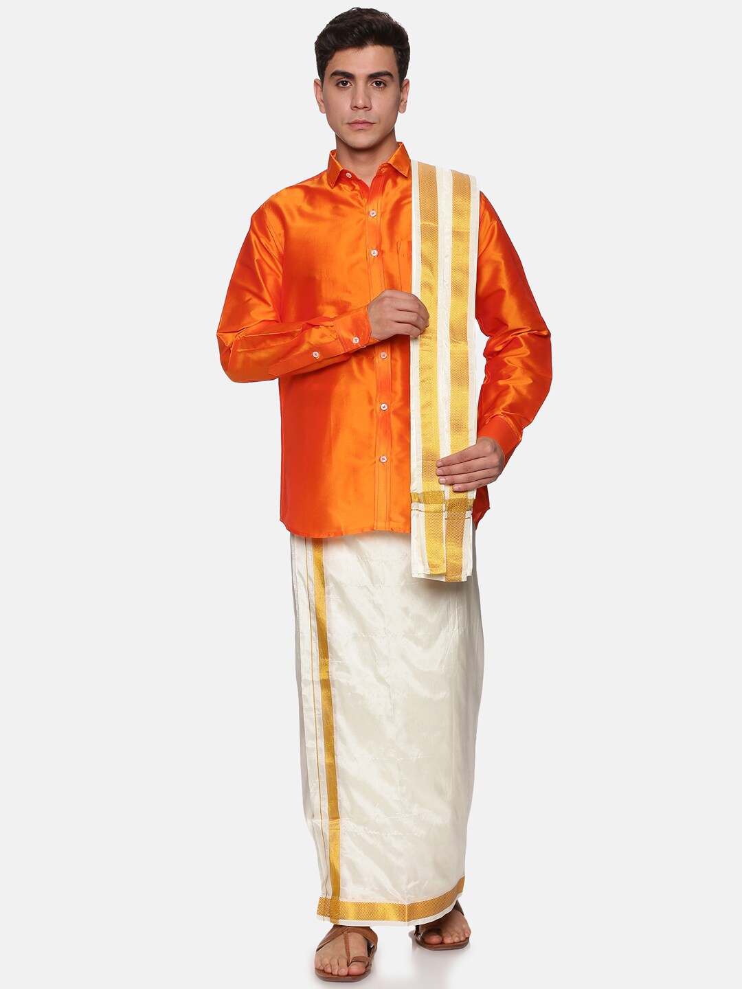 

Sethukrishna Men Orange & White Shirt with Dhoti