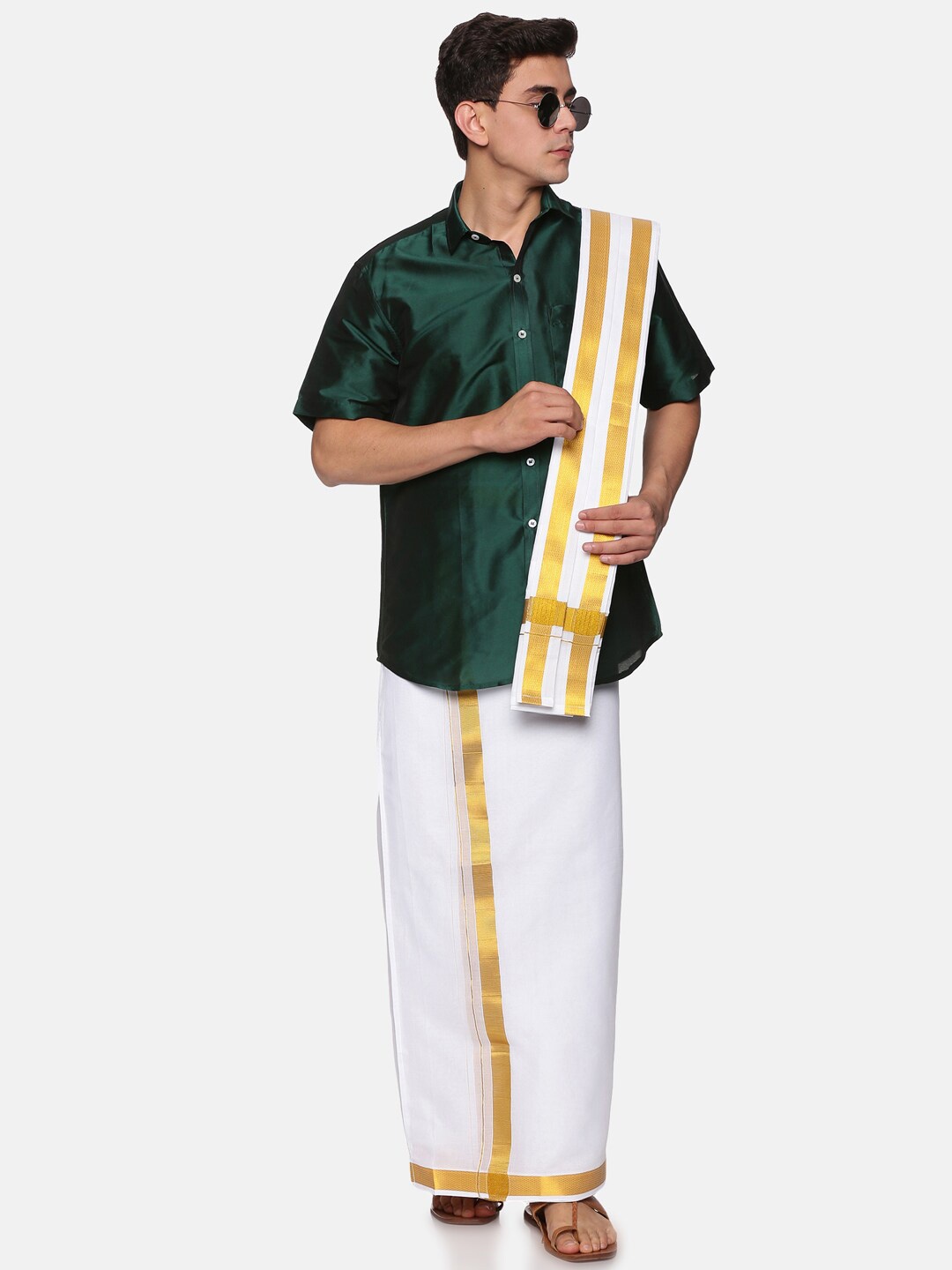 

Sethukrishna Men Green & White Shirt with Dhoti Pants