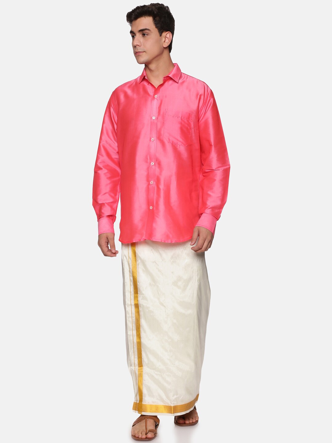 

Sethukrishna Men Pink & White Shirt with Dhoti Pants