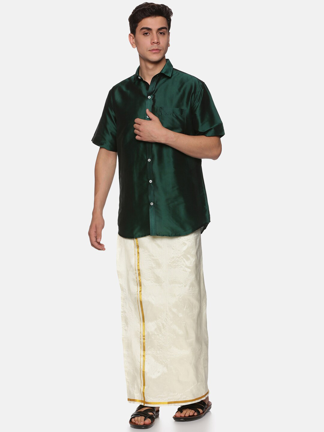 

Sethukrishna Men Green & White Solid Shirt with Dhoti