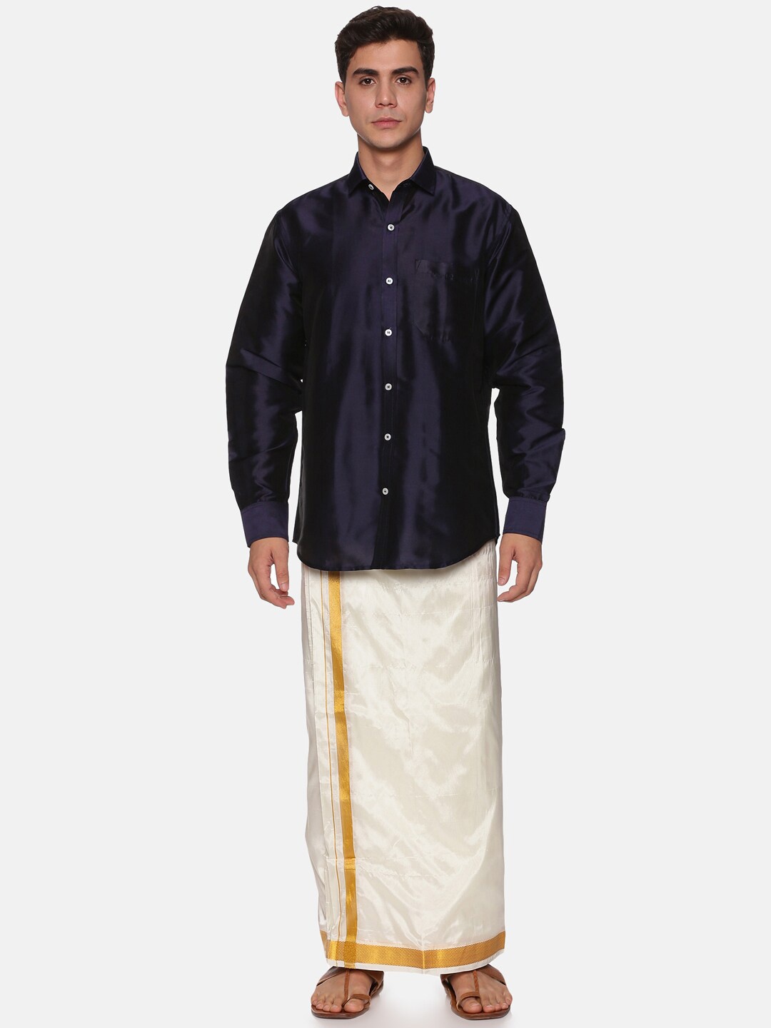 

Sethukrishna Men Navy Blue & White Solid Polyester Shirt with Dhoti