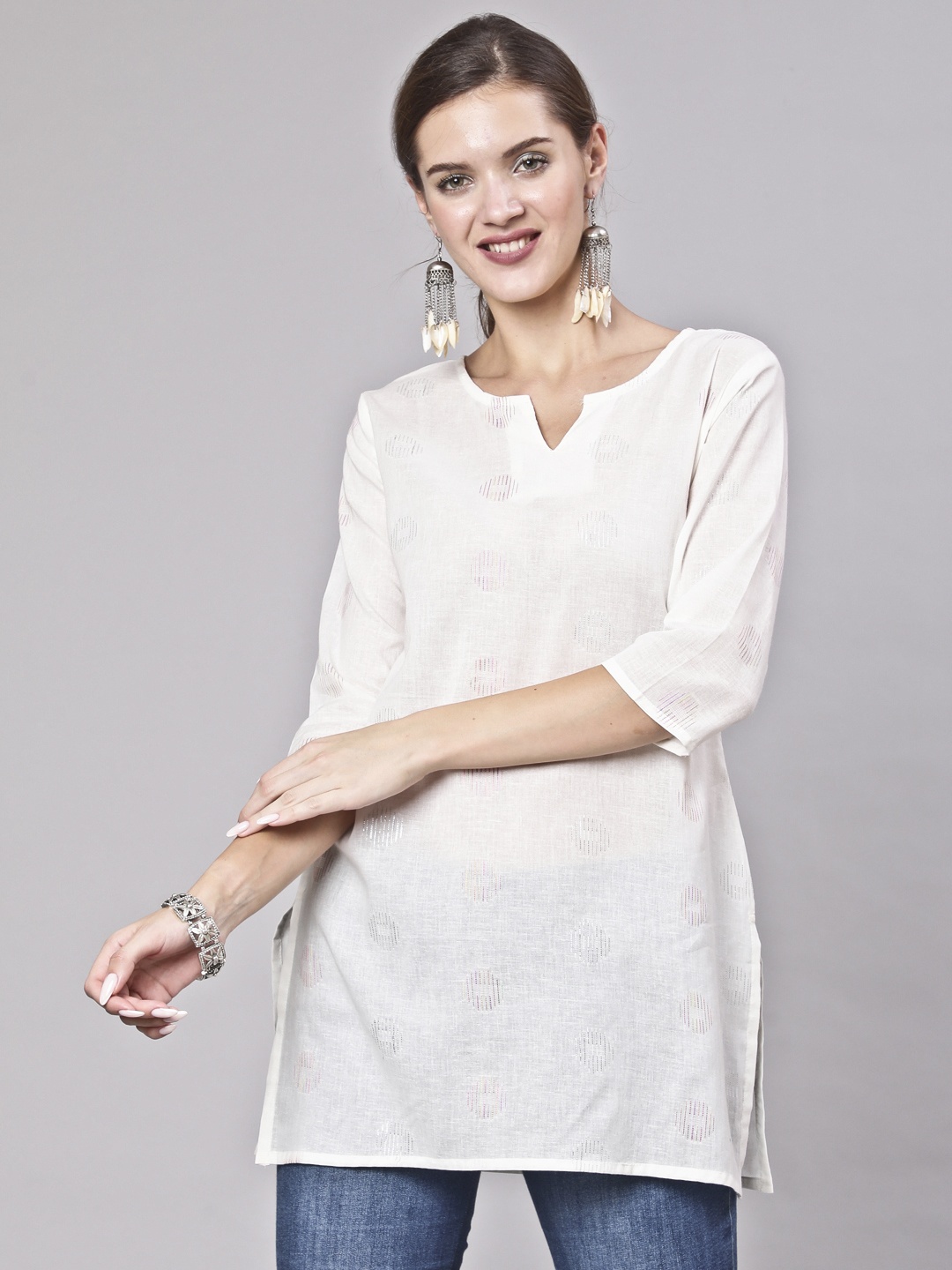 

Nayo Women White Cotton Printed Tunic
