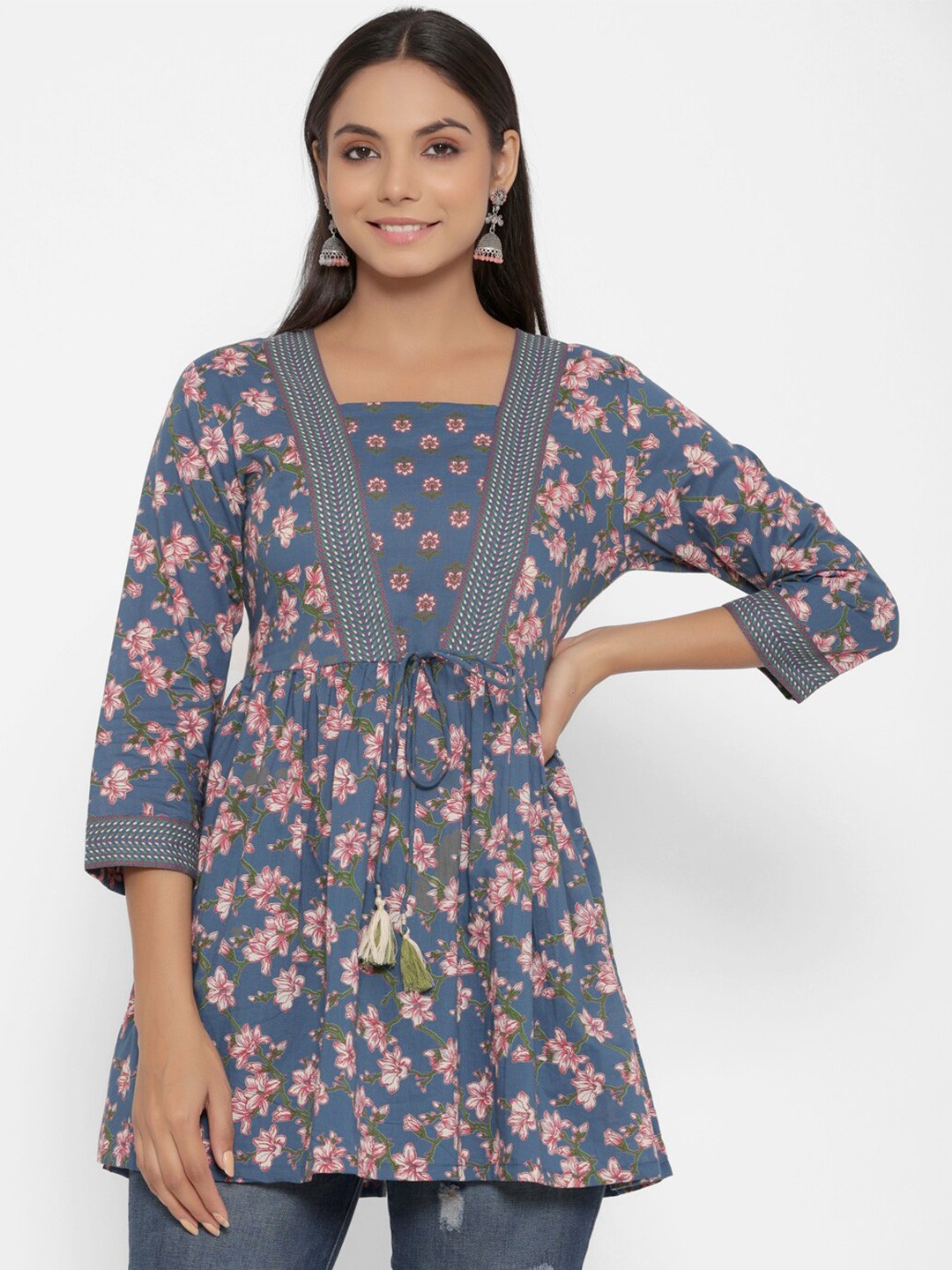 

PARCHHAI Women Blue Floral Print Cotton Empire Longline Top