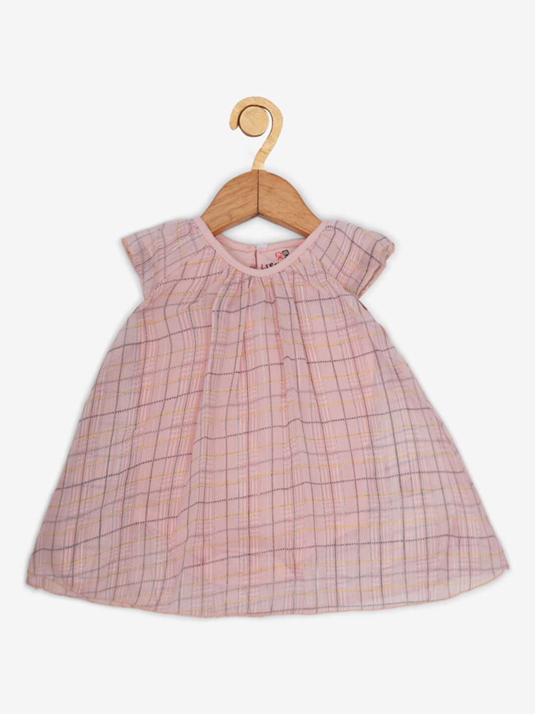 

Creative Kids Pink Printed Checked Cap Sleeves A-Line Romper Dress