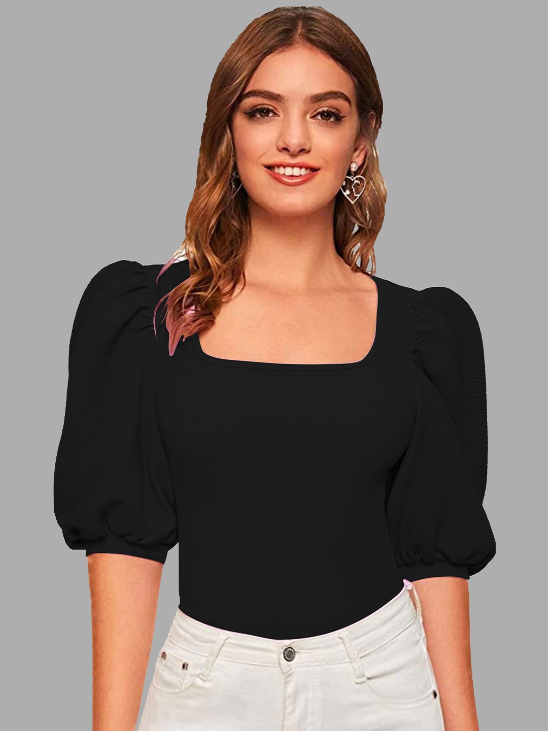 

Dream Beauty Fashion Black Solid Puff Sleeves Top