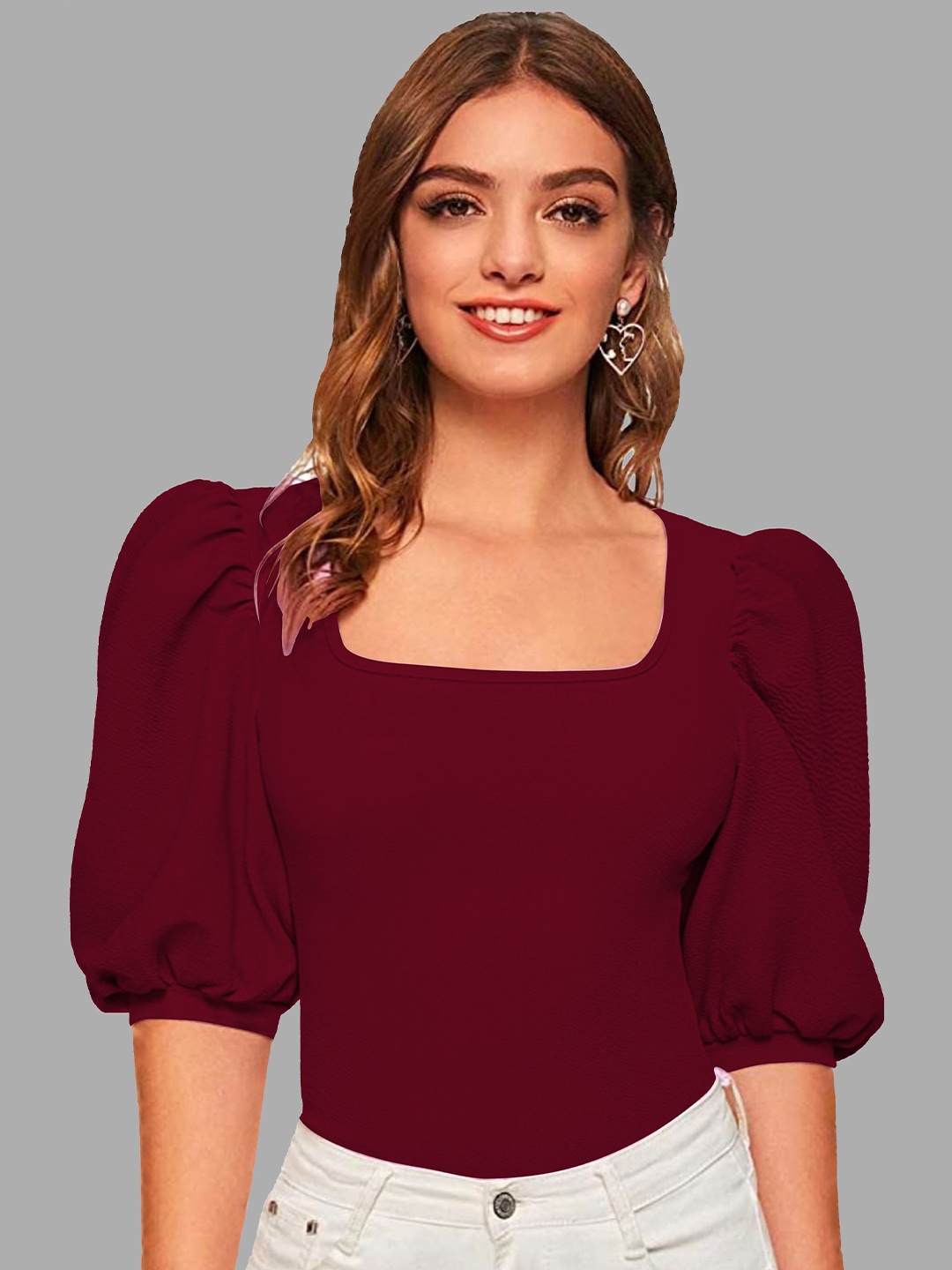 

Dream Beauty Fashion Maroon Puff Sleeves Top