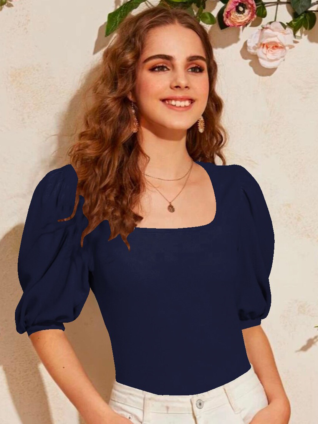 

Dream Beauty Fashion Navy Blue Puff Sleeve Fitted Top