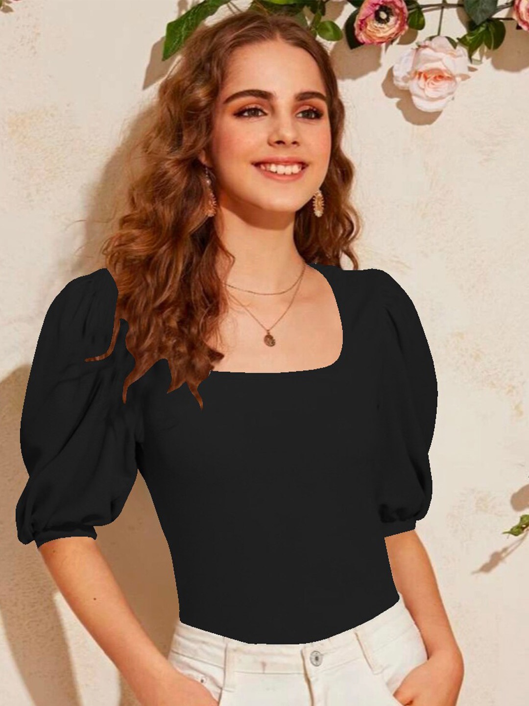 

Dream Beauty Fashion Black Solid Puff Sleeve Top