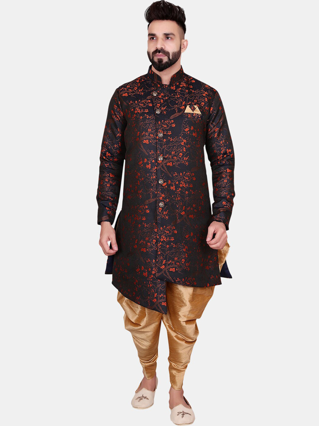 

Avaeta Men Orange & Gold-Coloured Printed Sherwani Set