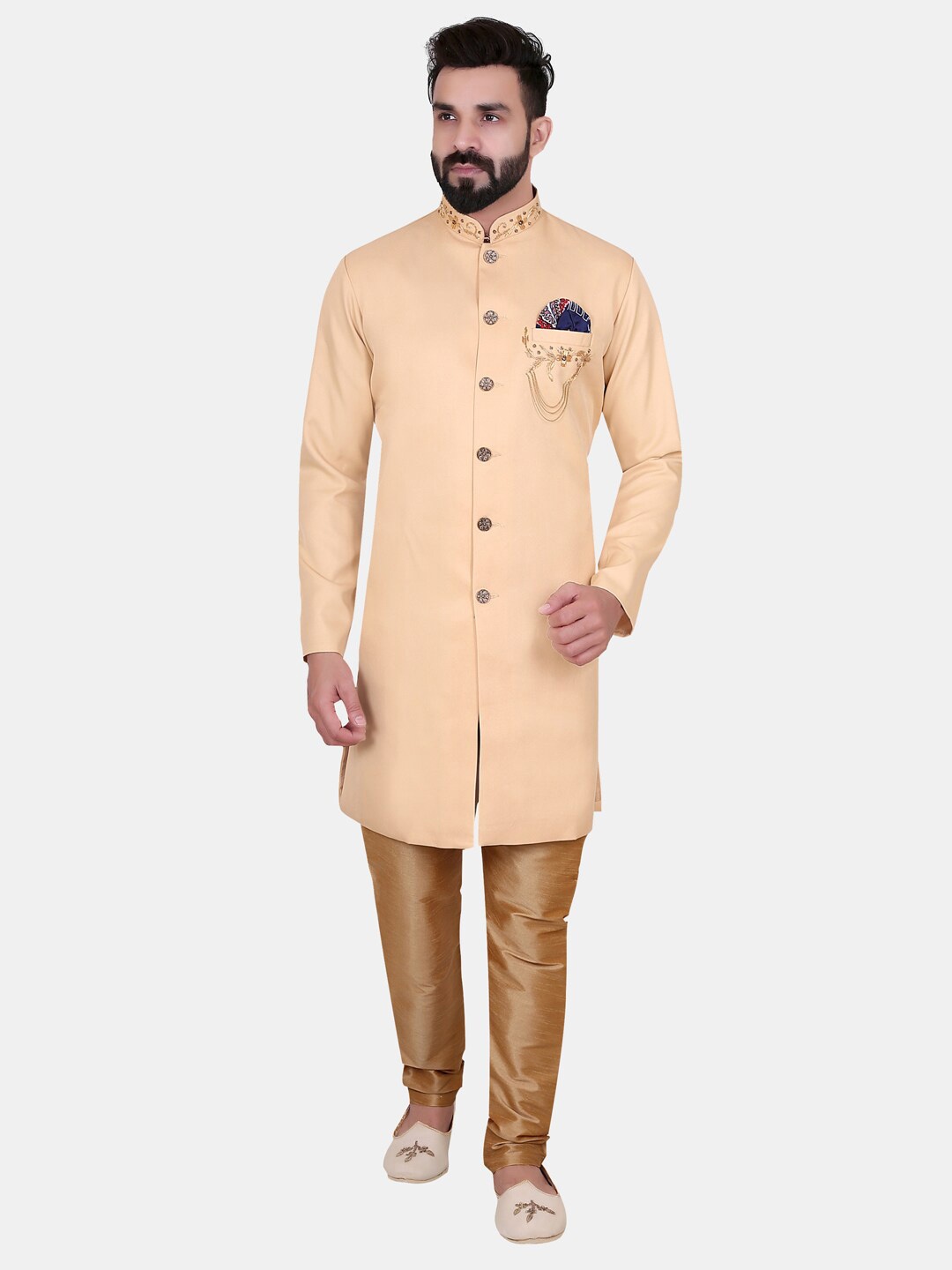 

Avaeta Men Cream & Gold-Coloured Solid Cotton Sherwani Set