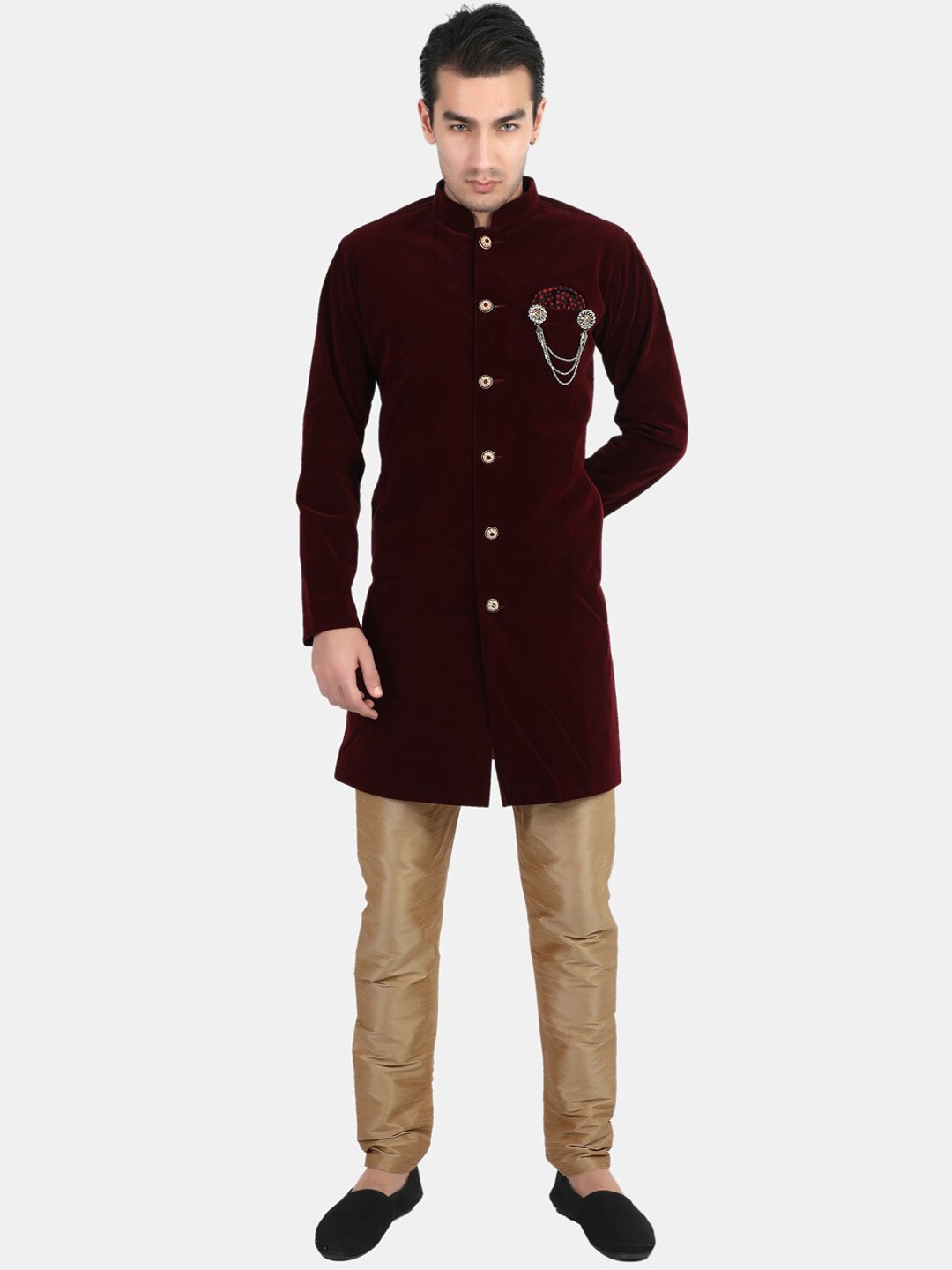 

Avaeta Men Maroon Solid Sherwani Set