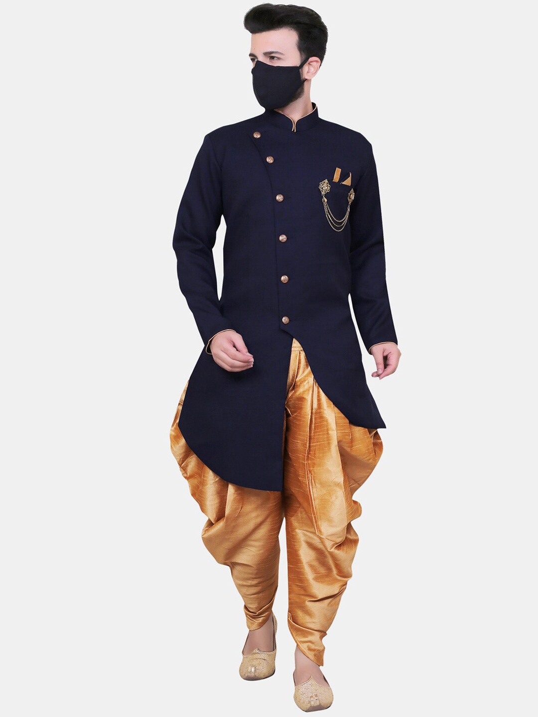 

Avaeta Men Navy Blue & Golden Solid Sherwani Set