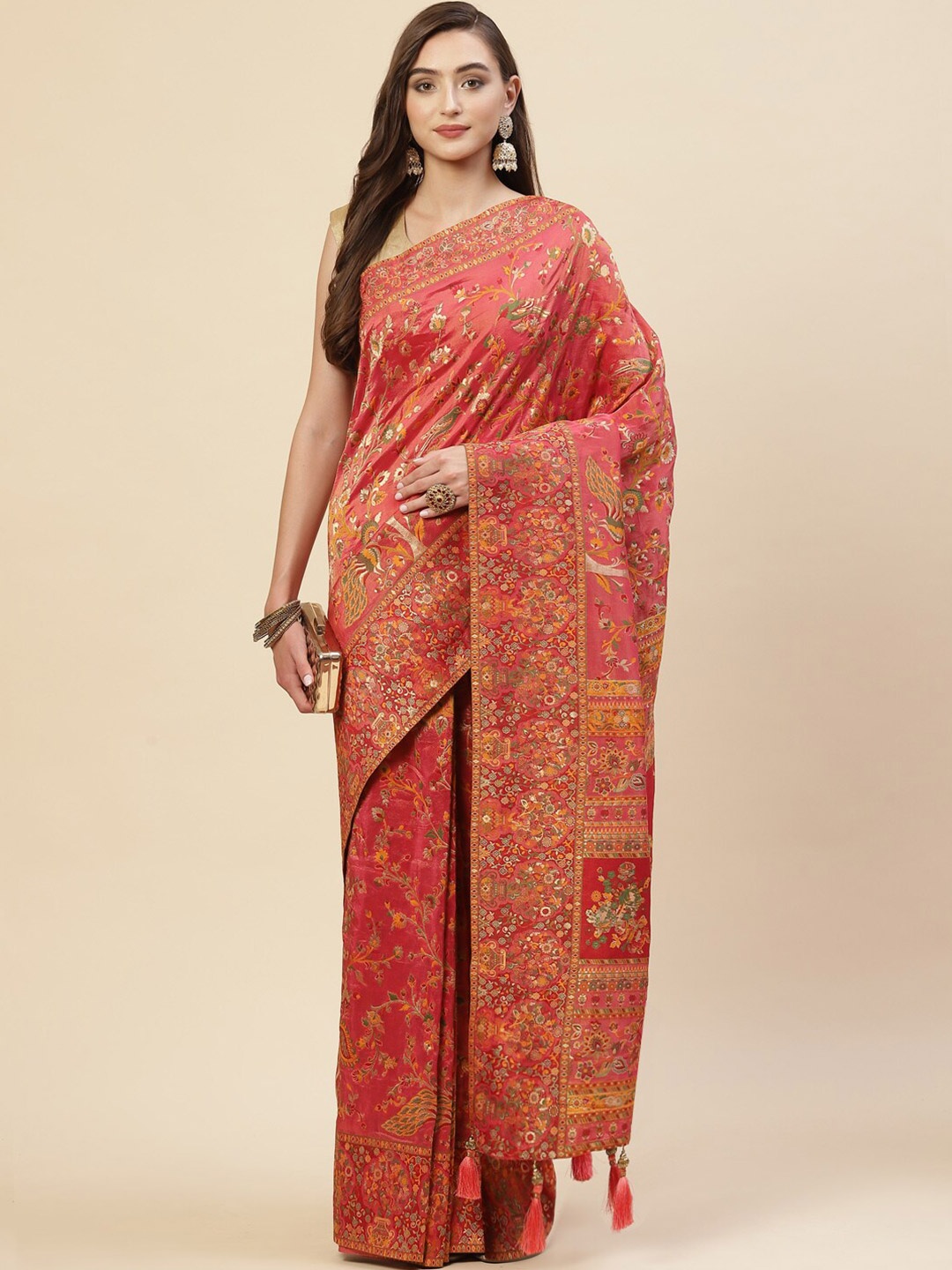 

Meena Bazaar Pink & Green Floral Art Silk Saree