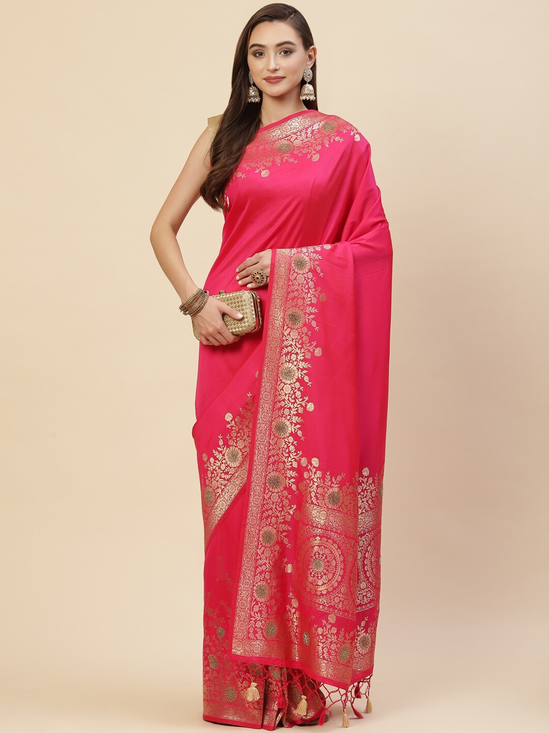 

Meena Bazaar Pink & Green Woven Design Zari Art Silk Saree
