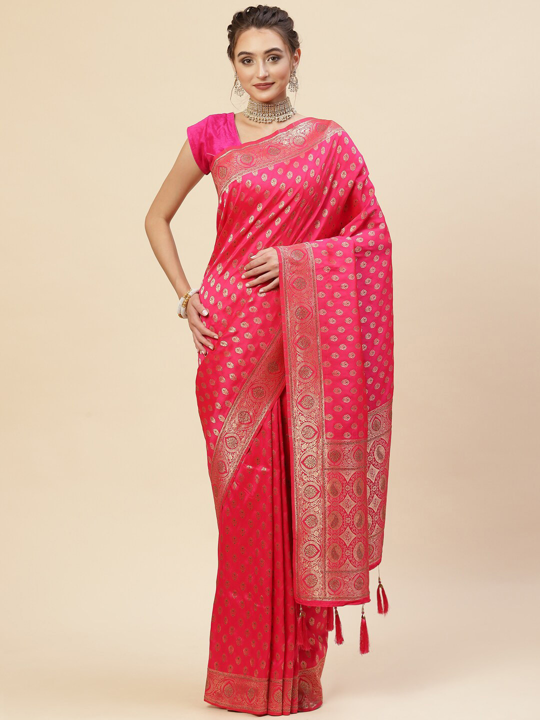 

Meena Bazaar Pink & Gold-Toned Woven Design Zari Art Silk Banarasi Saree