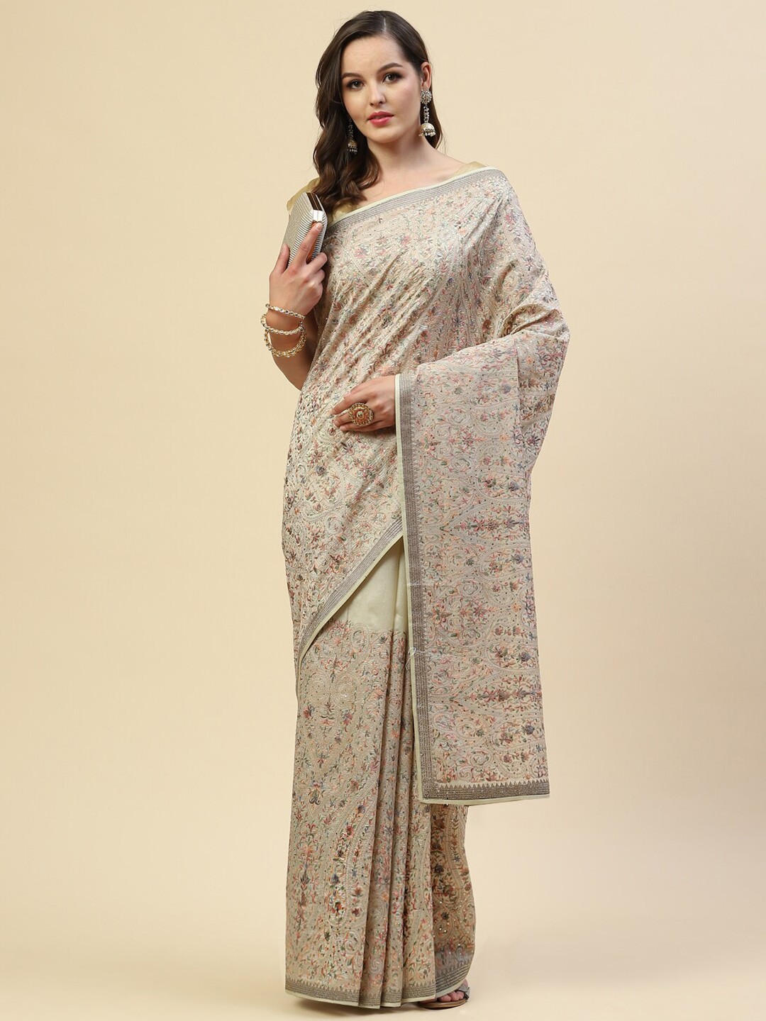 

Meena Bazaar Green & Brown Floral Embroidered Saree