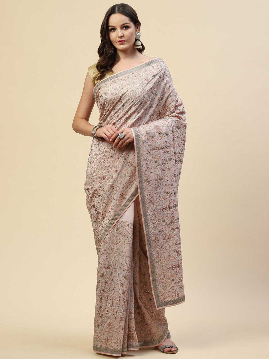 

Meena Bazaar Pink & Green Floral Embroidered Saree
