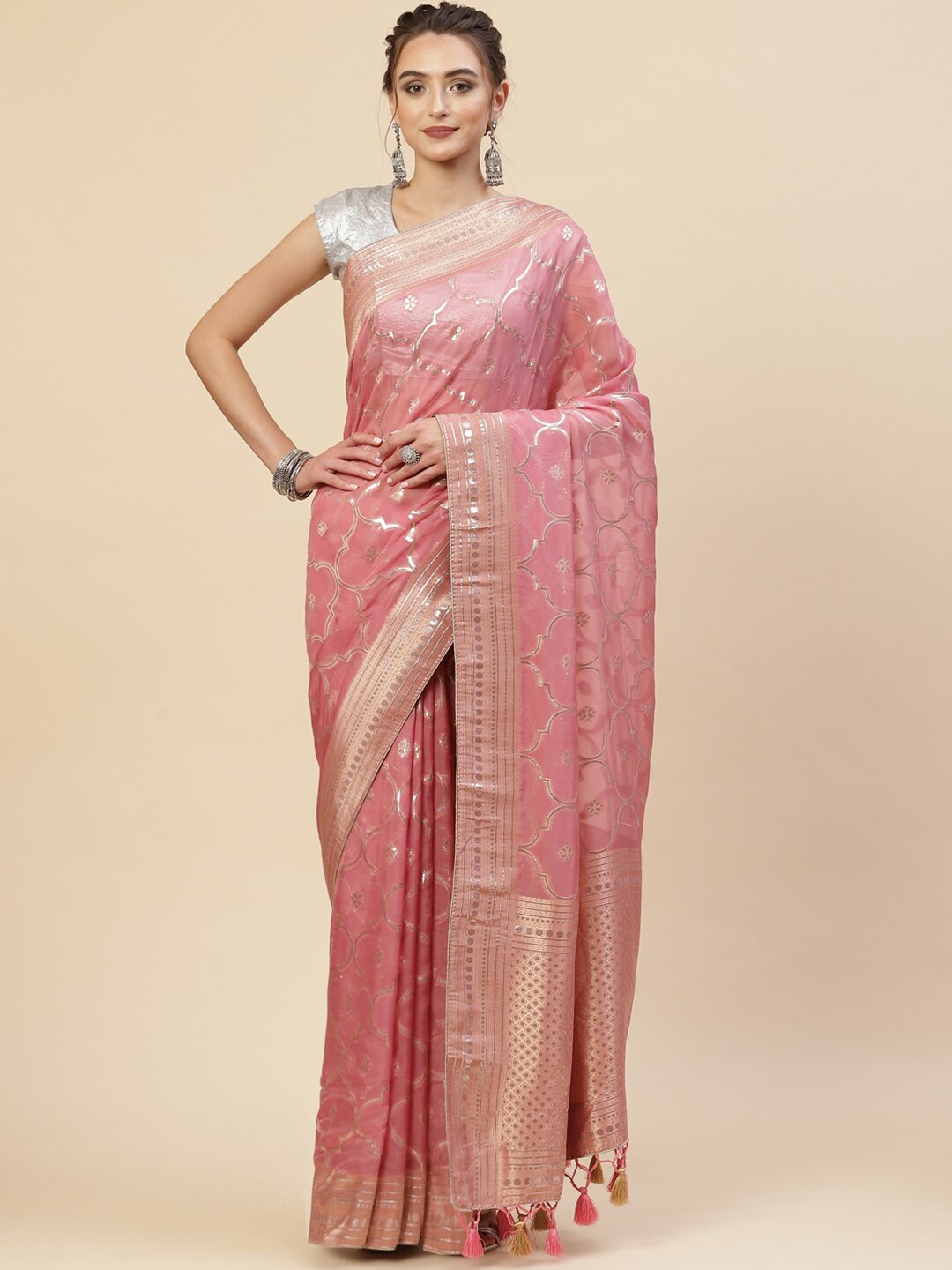 

Meena Bazaar Pink & Gold-Toned Woven Design Zari Organza Saree