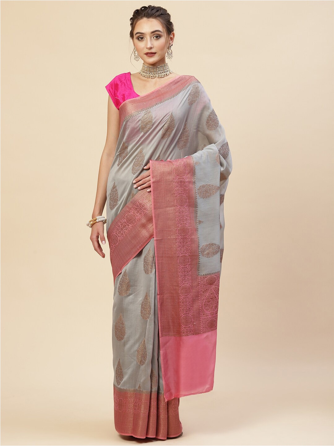 

Meena Bazaar Grey & Pink Woven Design Zari Saree