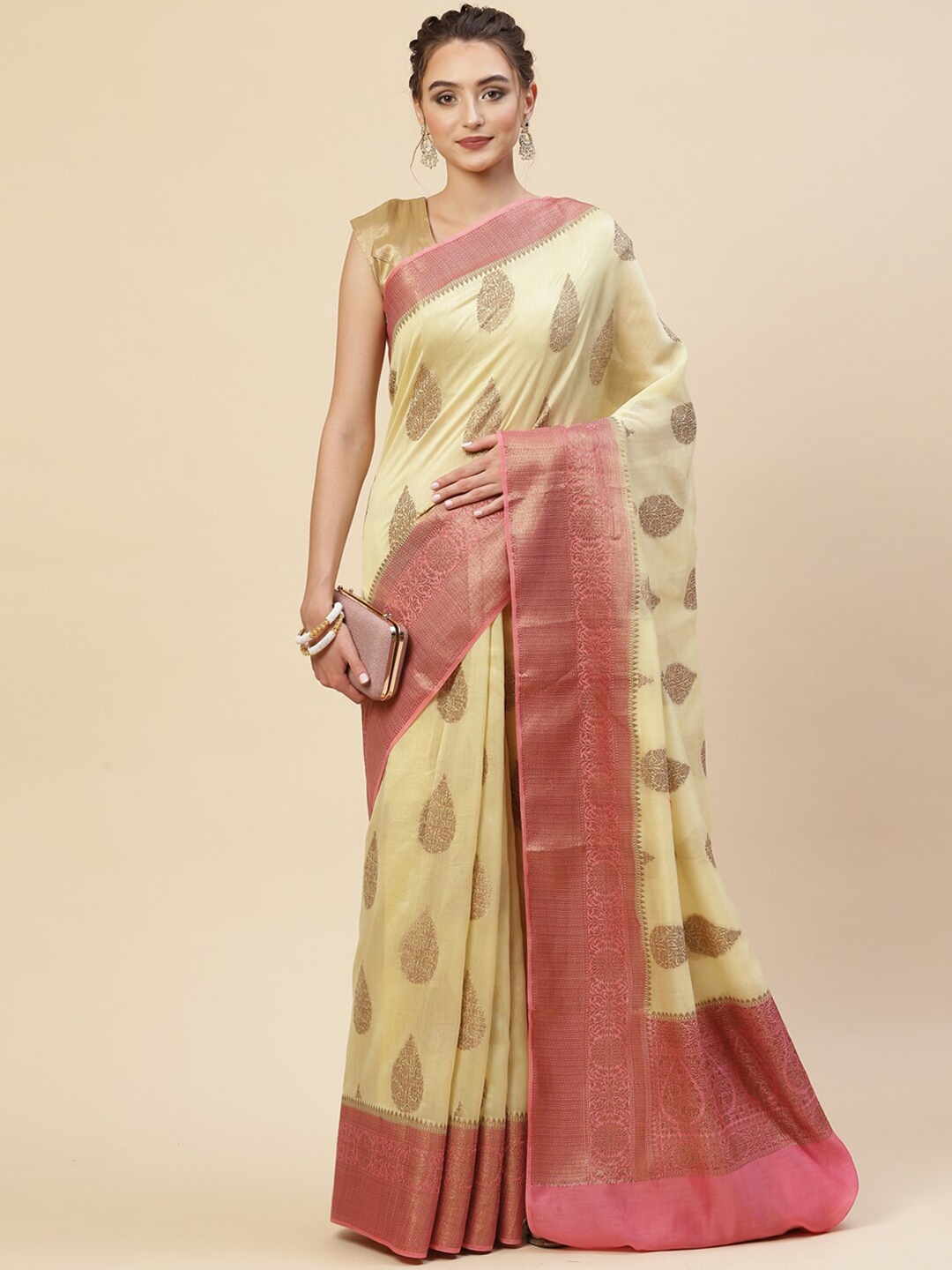 

Meena Bazaar Yellow & Gold-Toned Woven Design Zari Saree