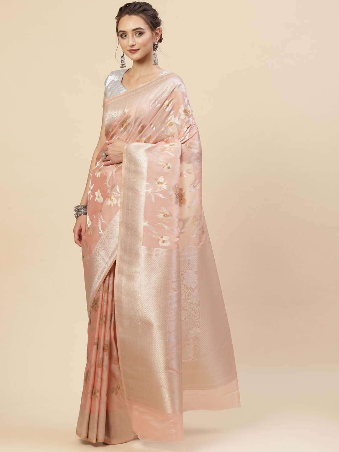 

Meena Bazaar Pink & Gold-Toned Floral Zari Organza Saree