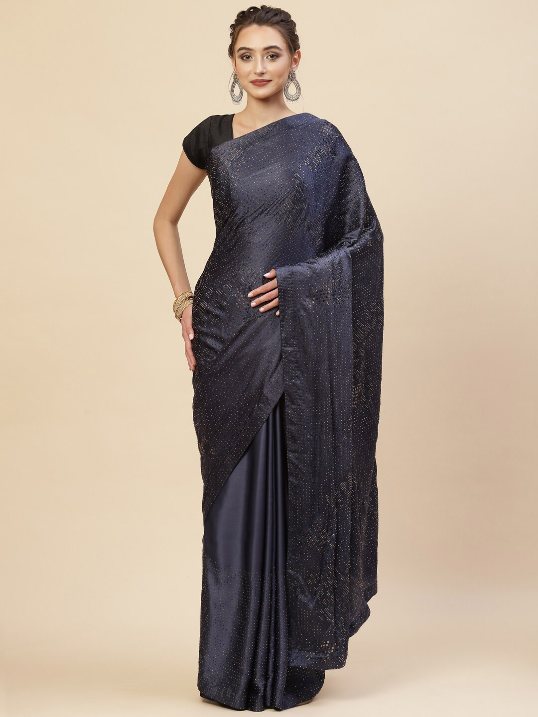 

Meena Bazaar Navy Blue Embellished Embroidered Satin Saree