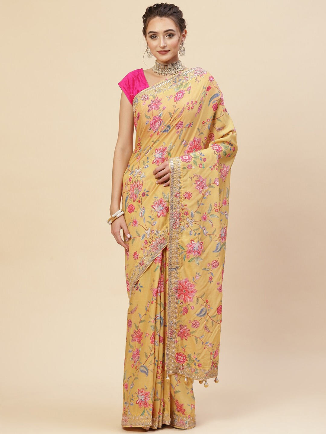 

Meena Bazaar Mustard & Pink Floral Embroidered Satin Saree