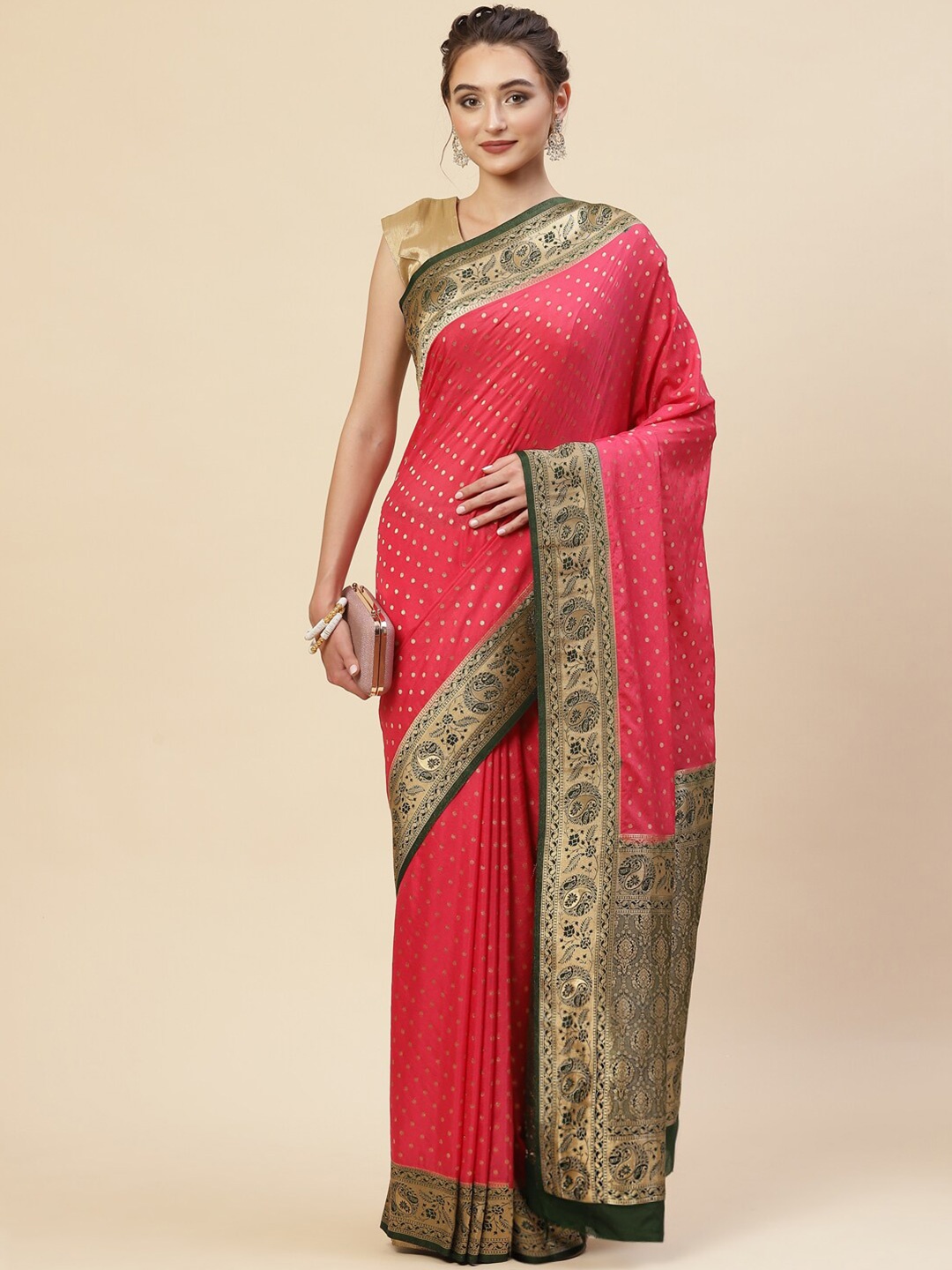 

Meena Bazaar Pink & Green Woven Design Zari Saree