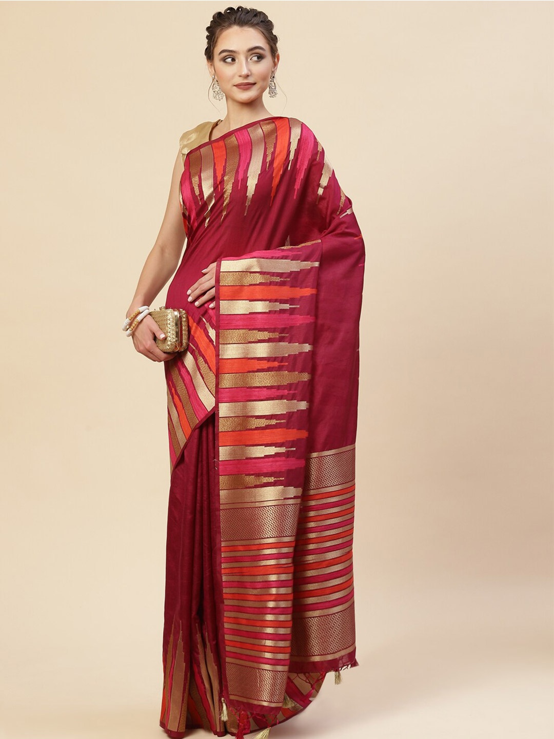 

Meena Bazaar Maroon & Pink Woven Design Zari Art Silk Saree