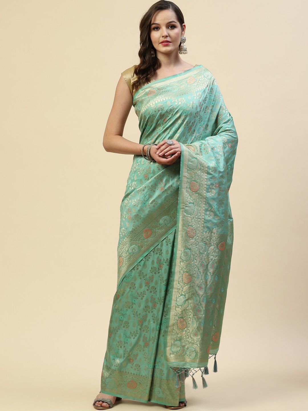 

Meena Bazaar Sea Green & Gold-Toned Woven Design Zari Art Silk Saree