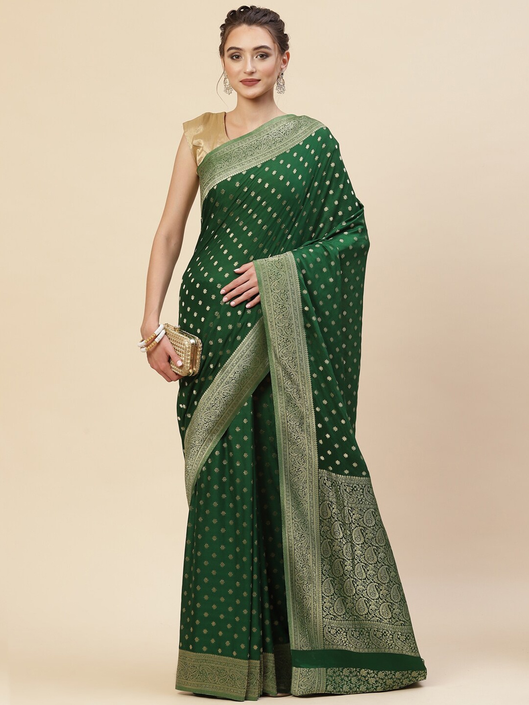 

Meena Bazaar Green & Gold-Toned Woven Design Zari Saree