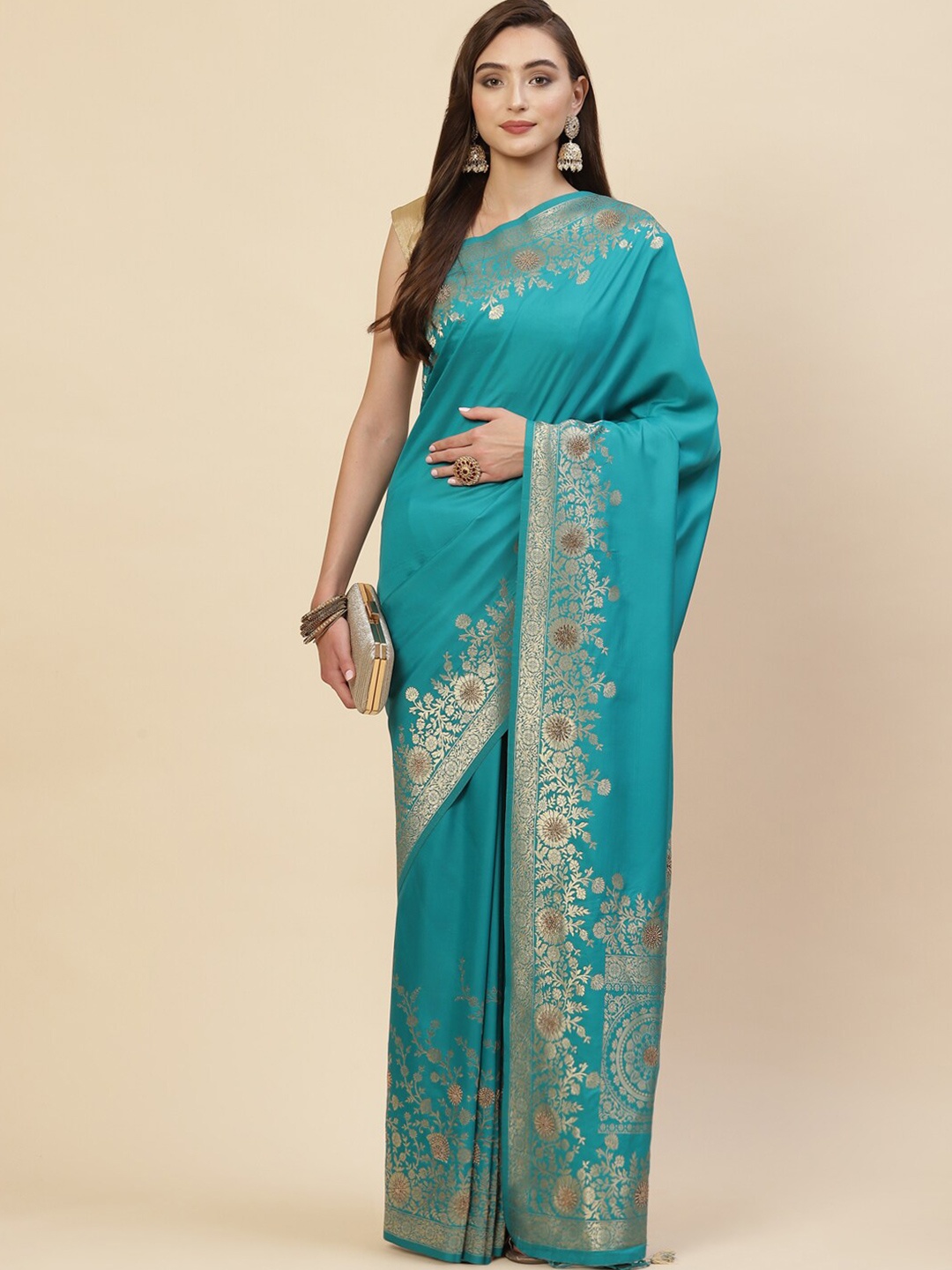 

Meena Bazaar Blue & Gold-Toned Zari Art Silk Saree