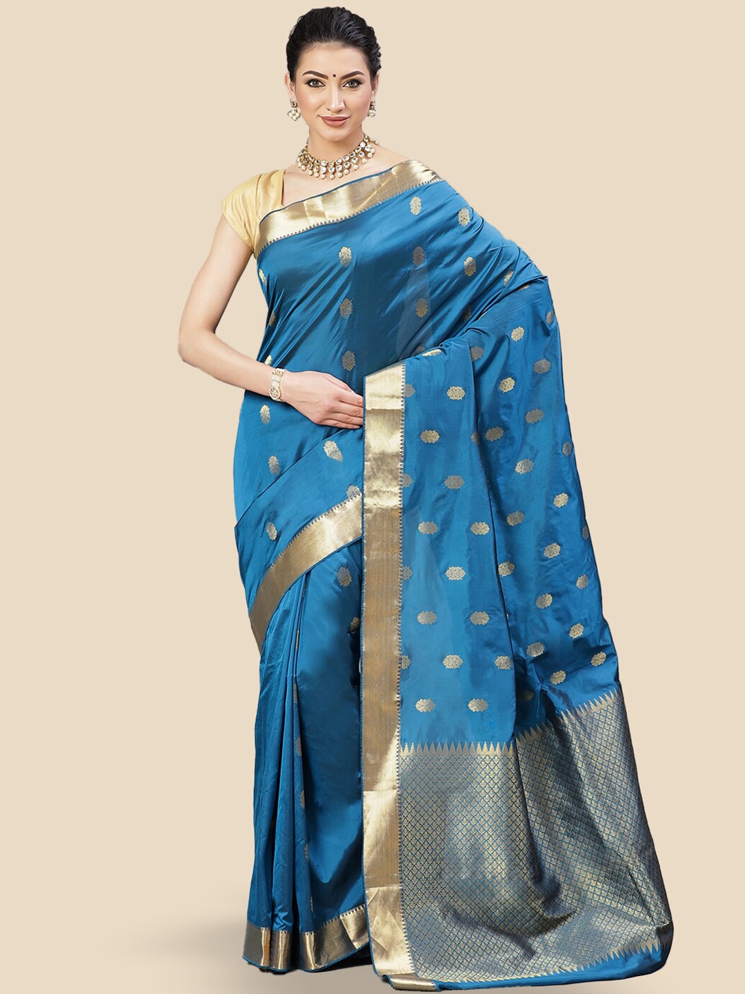 

Meena Bazaar Blue & Gold-Toned Woven Design Zari Art Silk Saree