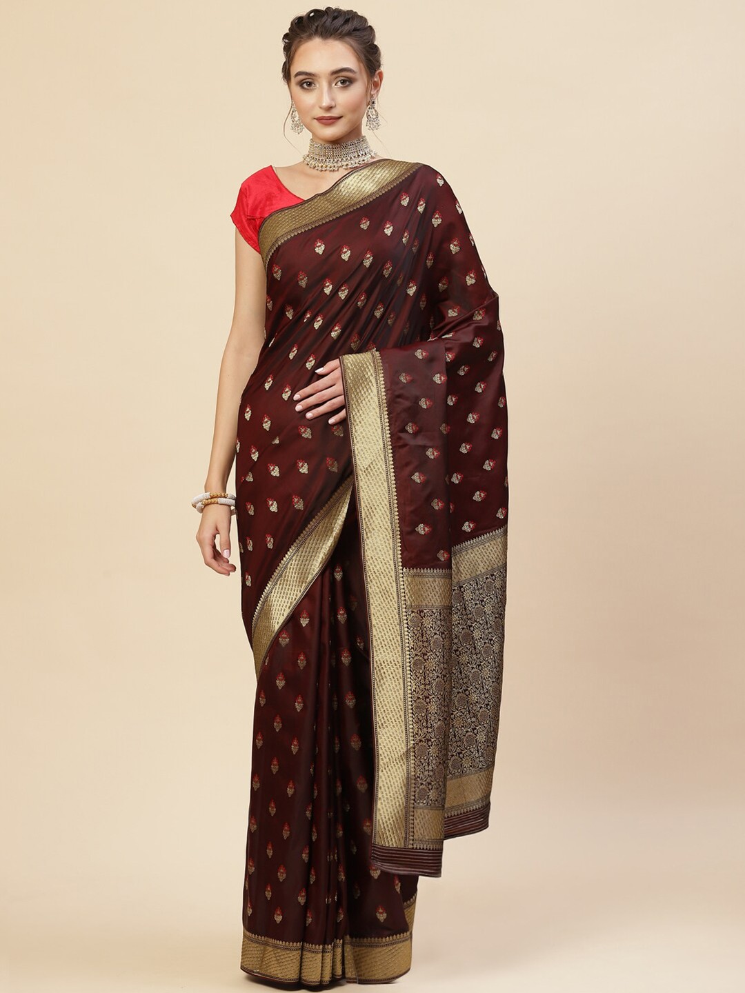 

Meena Bazaar Maroon & Gold-Toned Woven Design Zari Art Silk Banarasi Saree