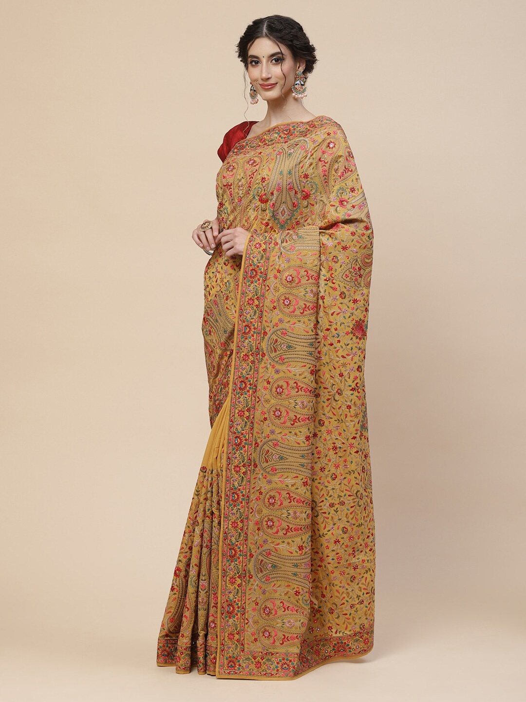 

Meena Bazaar Mustard & Red Paisley Embroidered Saree