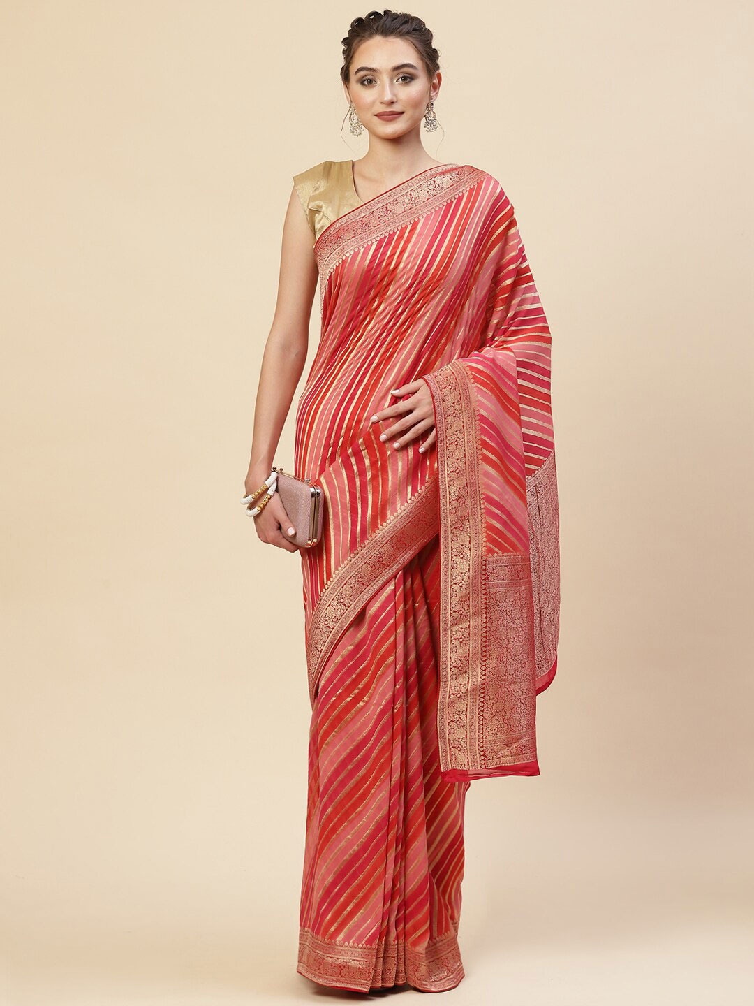 

Meena Bazaar Pink & Red Striped Zari Art Silk Banarasi Saree