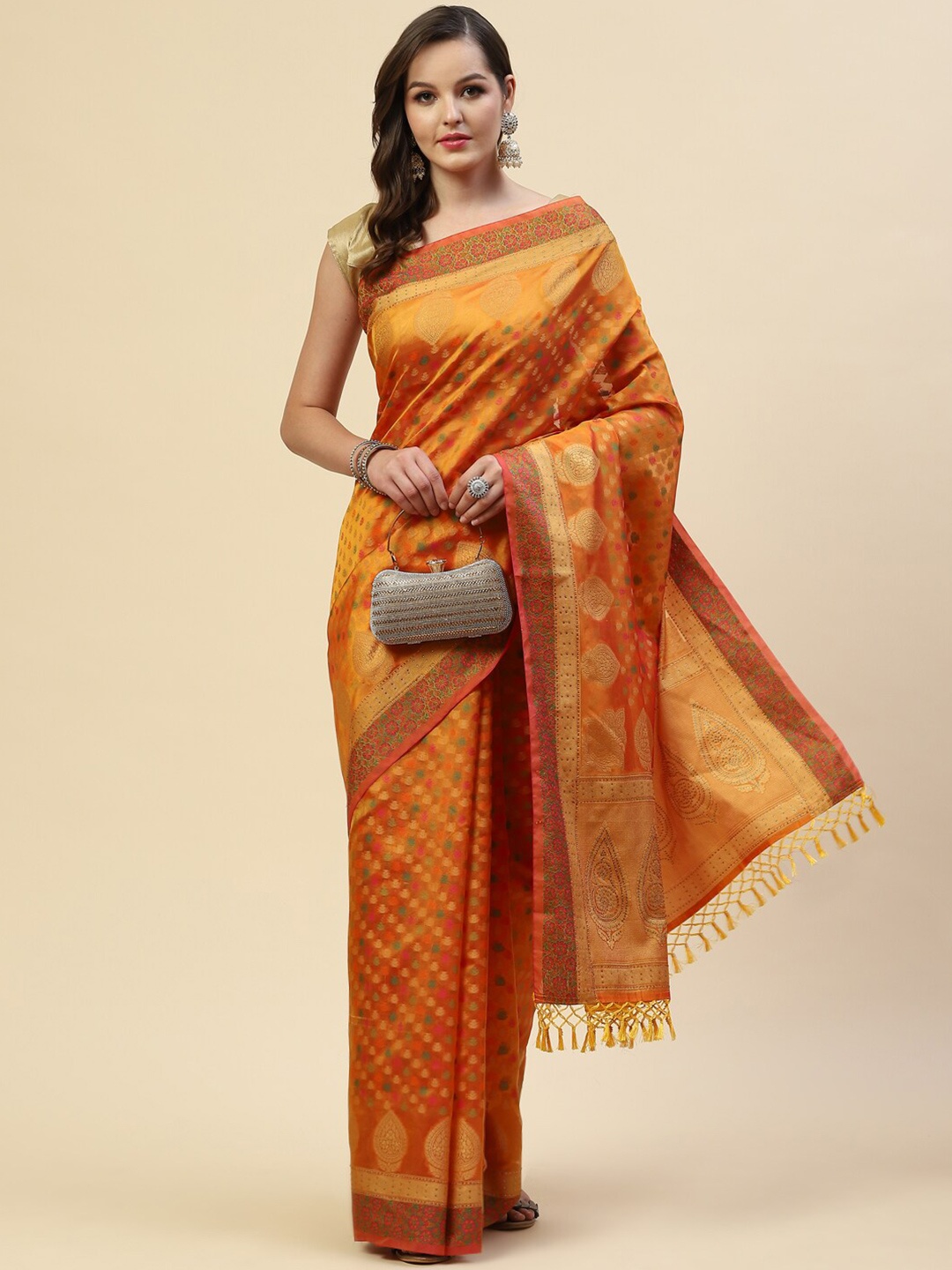 

Meena Bazaar Mustard & Green Woven Design Zari Pure Cotton Saree