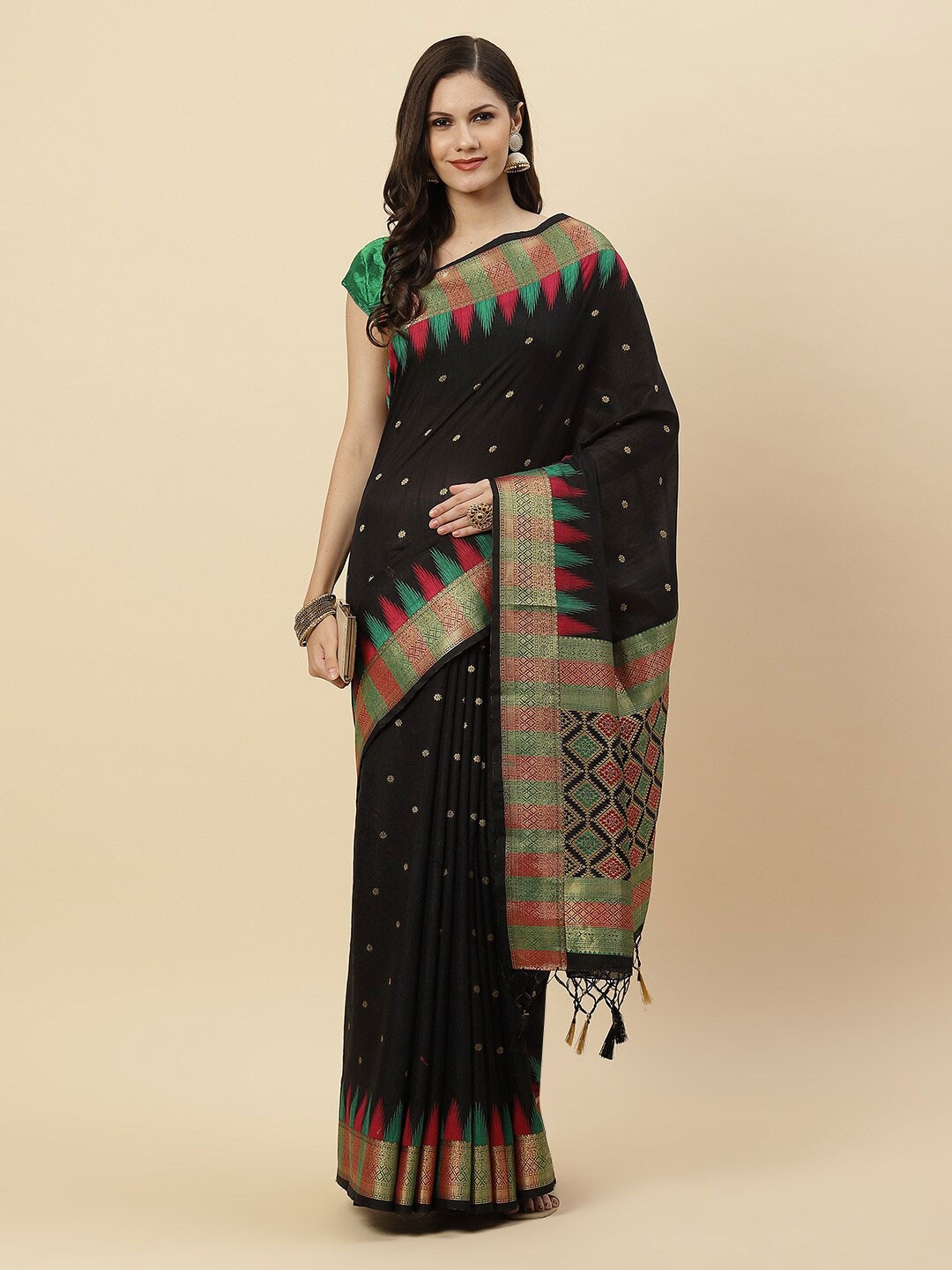 

Meena Bazaar Black & Green Woven Design Zari Art Silk Saree