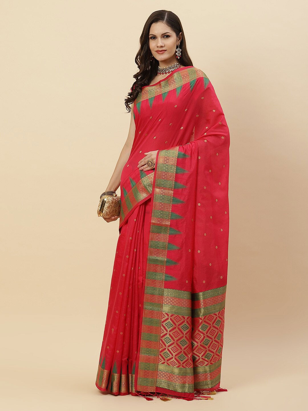 

Meena Bazaar Pink & Green Woven Design Zari Art Silk Saree