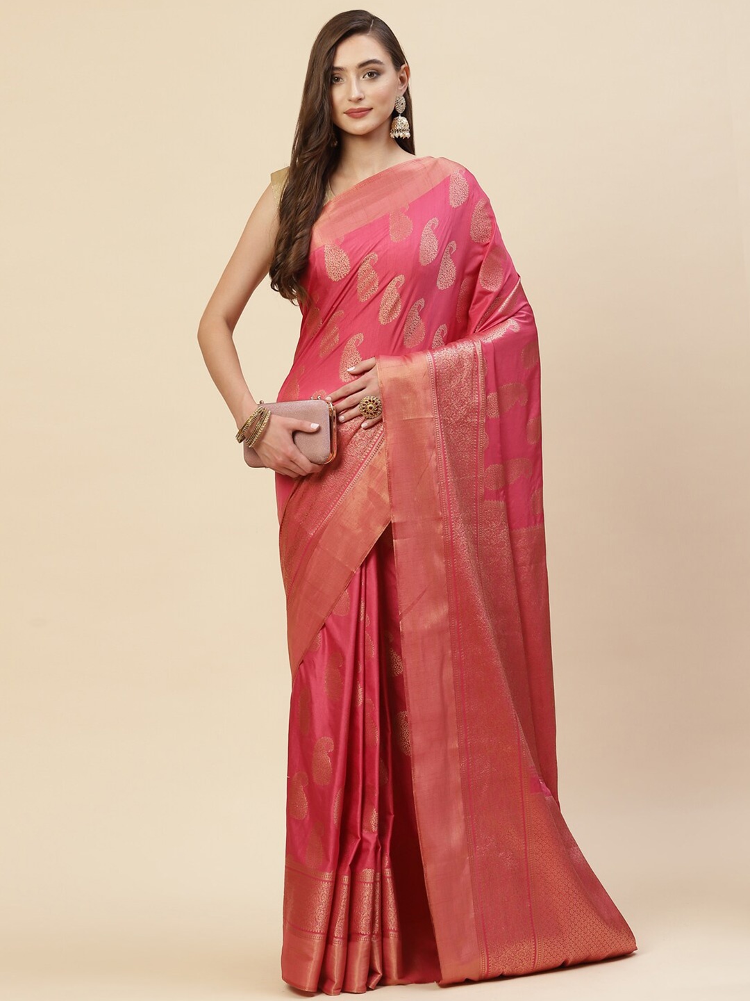 

Meena Bazaar Pink & Gold-Toned Woven Design Zari Art Silk Saree