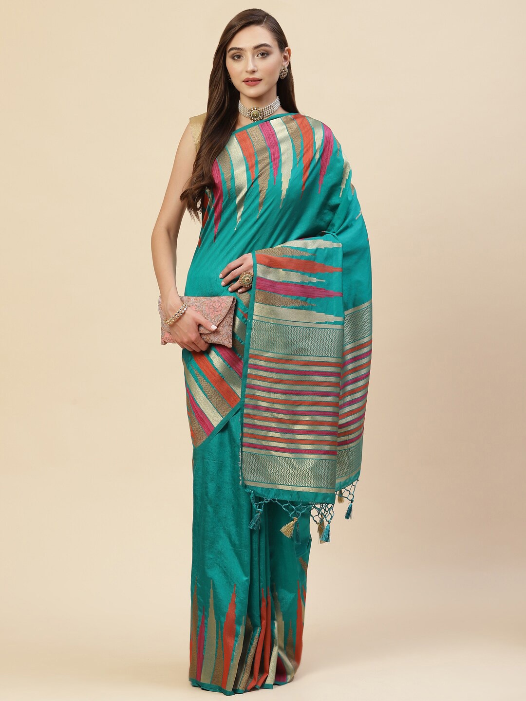 

Meena Bazaar Green & Red Woven Design Zari Art Silk Saree